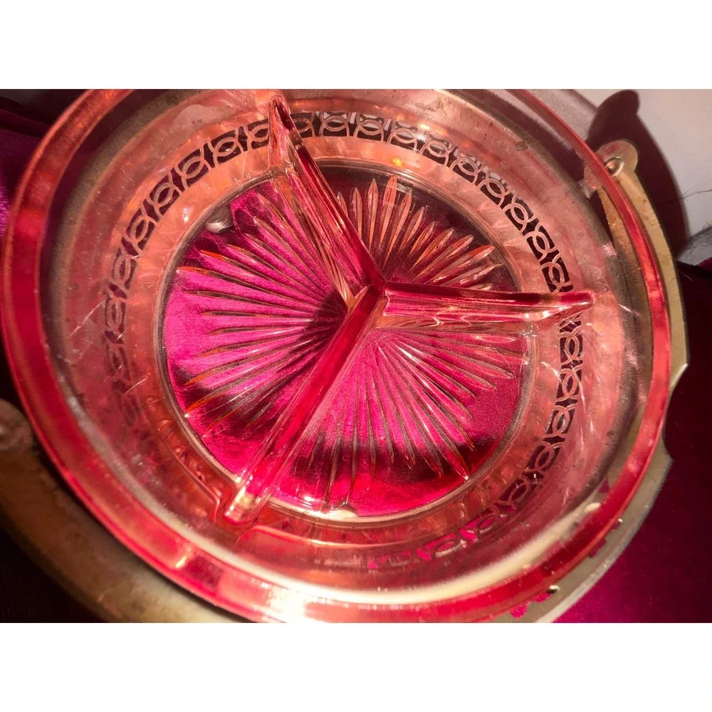 Vintage 1930s Pink Depression Glass 3 Part Divided Dish in Ornate Metal Basket